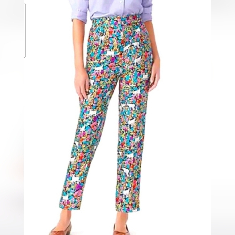 J.CREW Collection 100% Silk high-rise  trouser in grazing goats print. 0P NWT